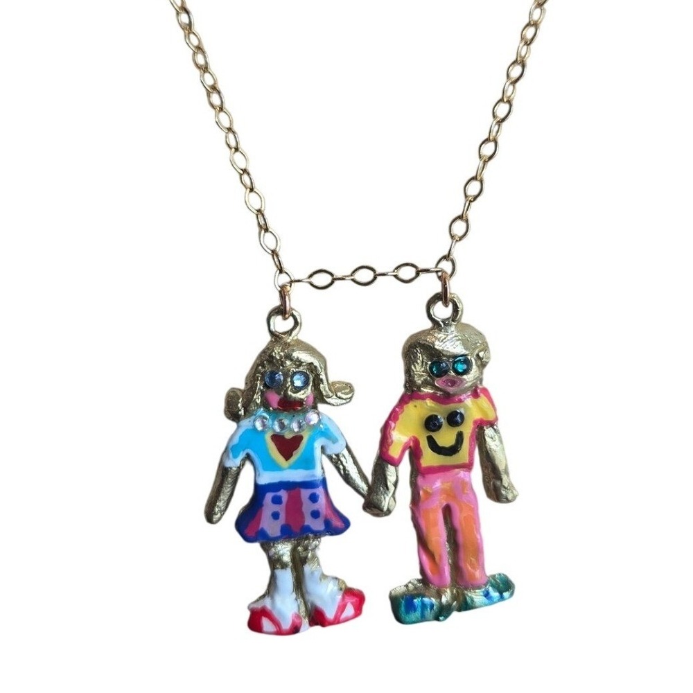 Susan Alexandra Necklace Boy Girl Pendant Gold Tone Colorful Kidcore Whimsical